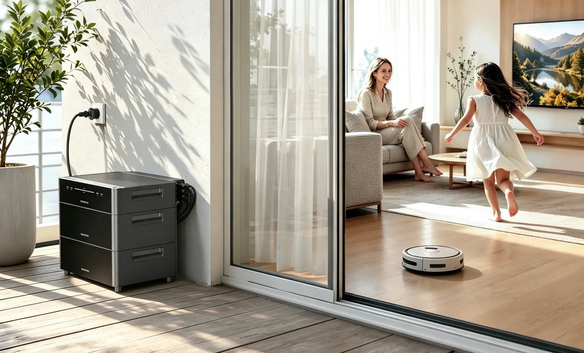 Marstek Haushalts‑Stromspeicher auf der Terrasse versorgt Roboter‑Staubsauger im Wohnhaus mit Notstrom